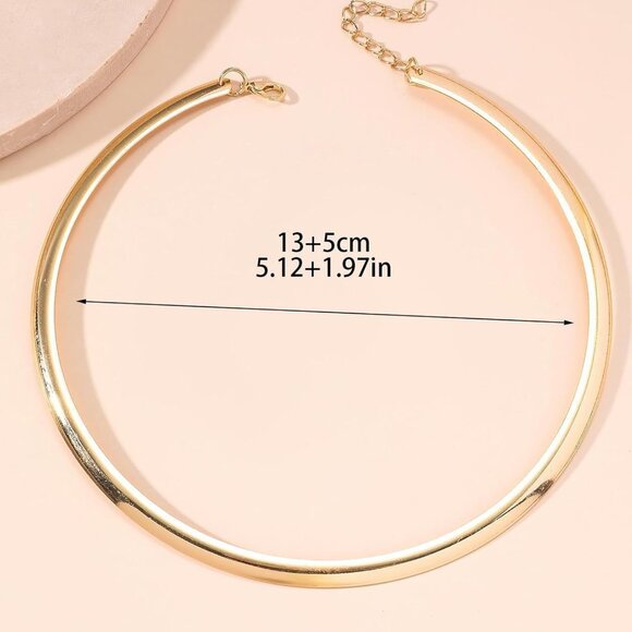 Woman's Gold Slim Cuff Statement Open Round Collar Charm Choker Necklace - Picture 7 of 8